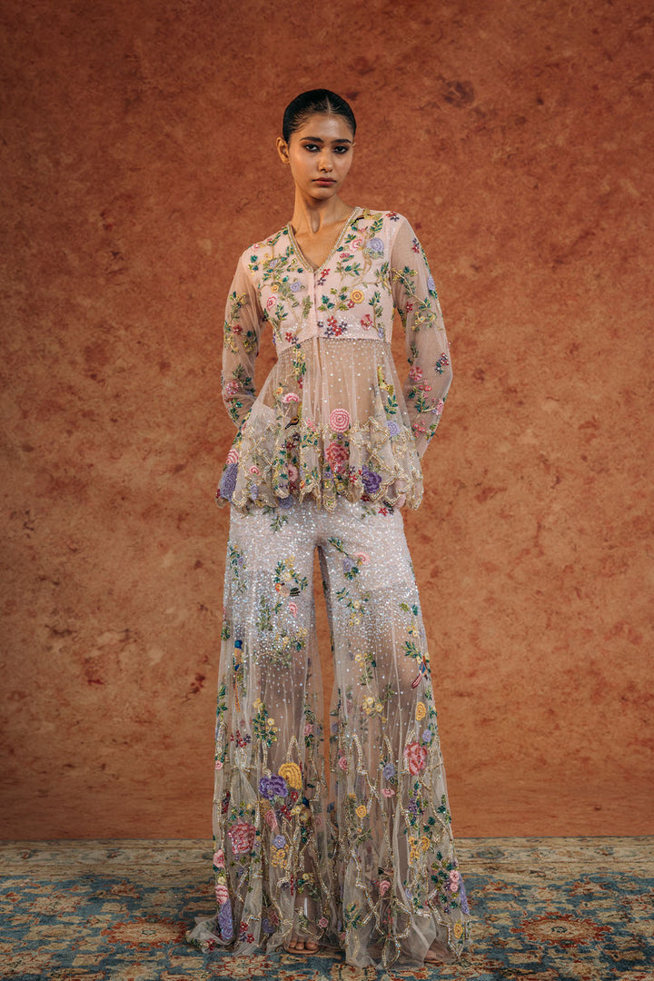Birds Of Paradise Hand-Embroidered Kurta with Hand-Embroidered Sharara in Peach