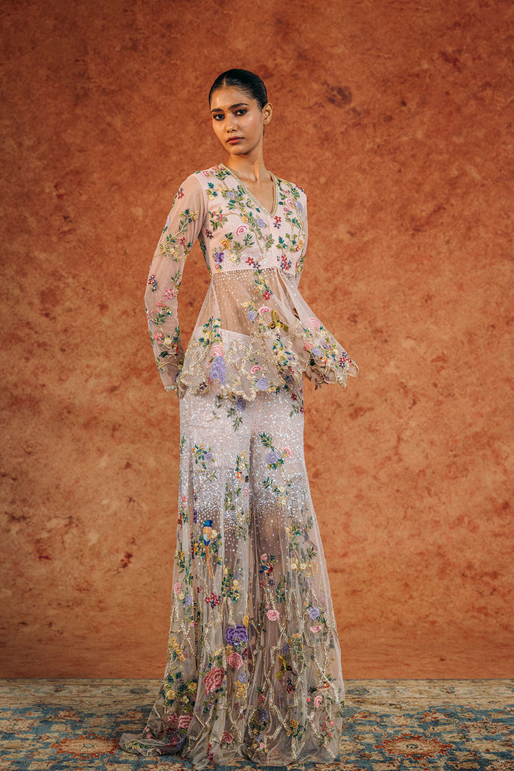 Birds Of Paradise Hand-Embroidered Kurta with Hand-Embroidered Sharara in Peach