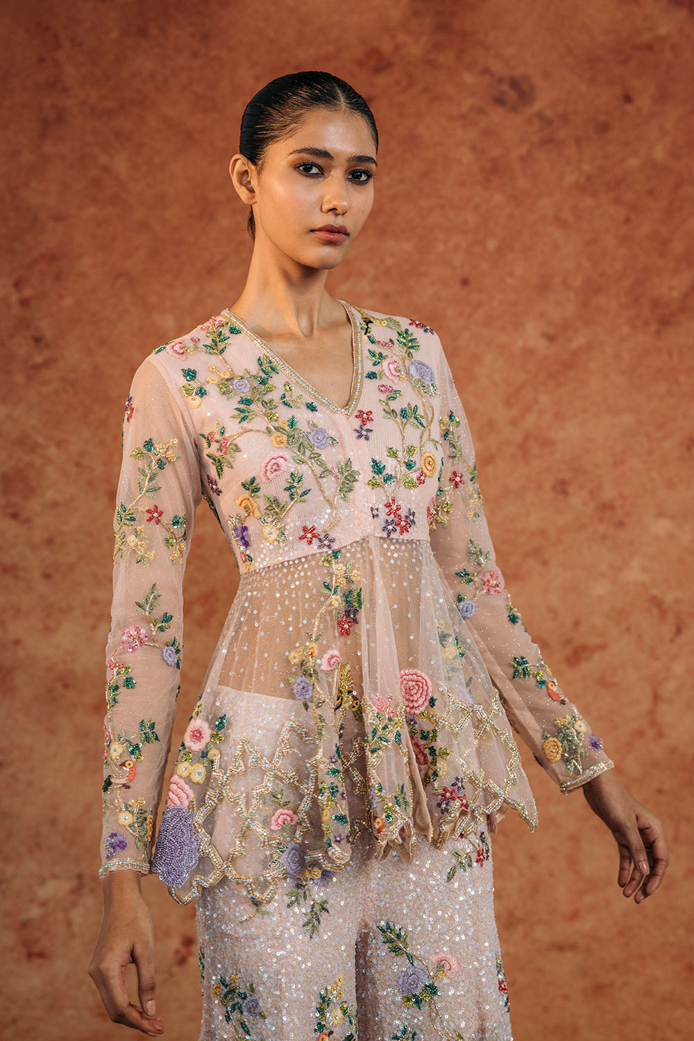 Birds Of Paradise Hand-Embroidered Kurta with Hand-Embroidered Sharara in Peach