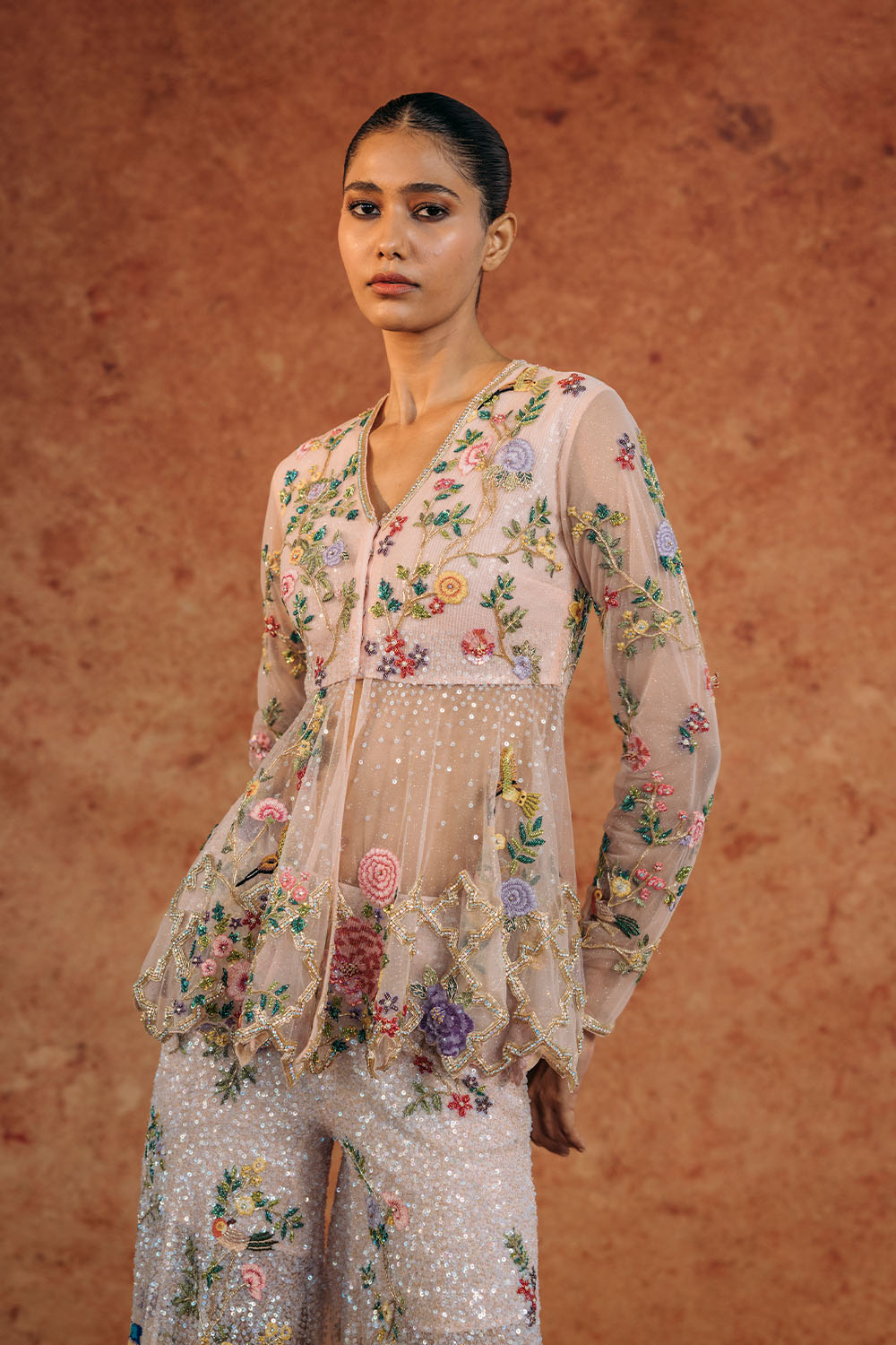 Birds Of Paradise Hand-Embroidered Kurta with Hand-Embroidered Sharara in Peach