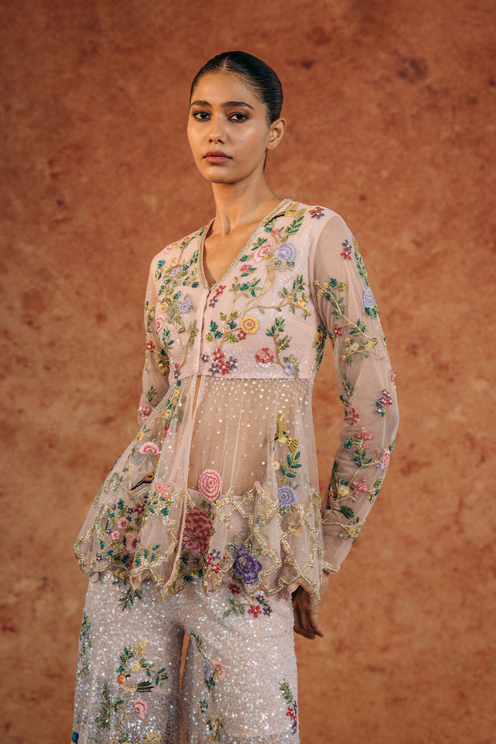 Birds Of Paradise Hand-Embroidered Kurta with Hand-Embroidered Sharara in Peach