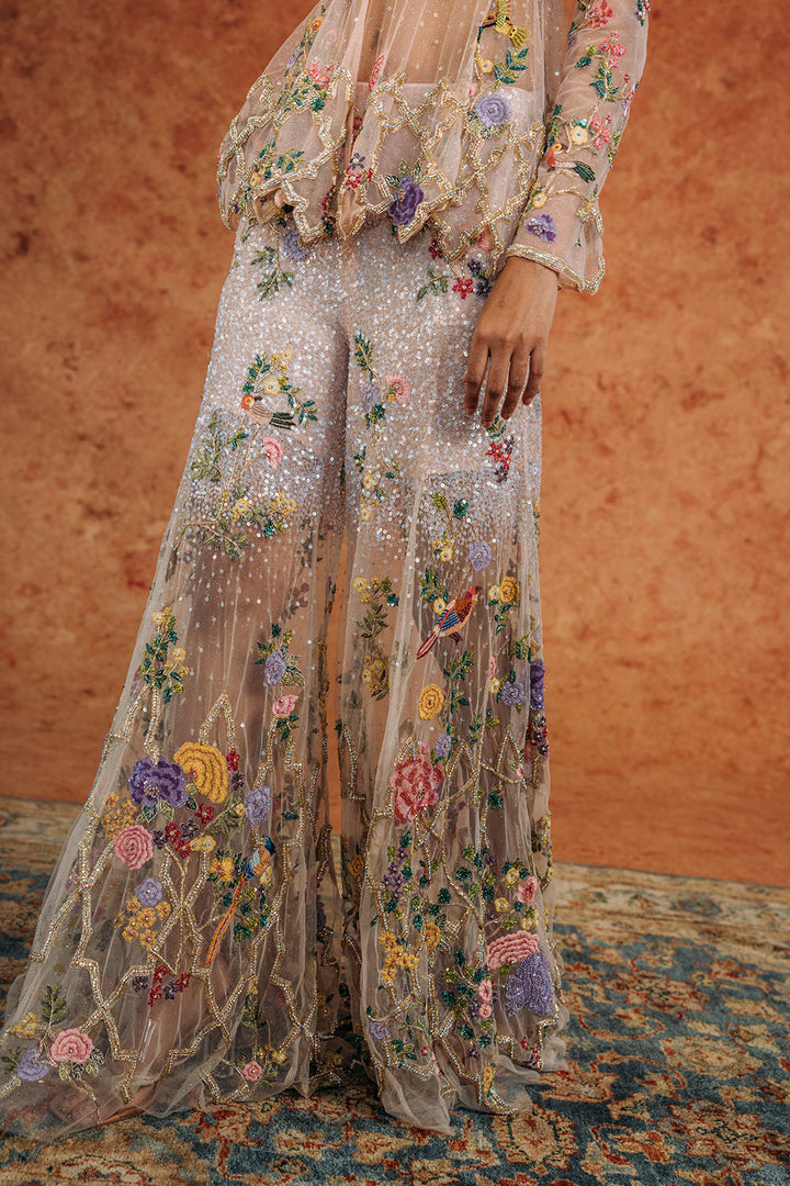Birds Of Paradise Hand-Embroidered Kurta with Hand-Embroidered Sharara in Peach