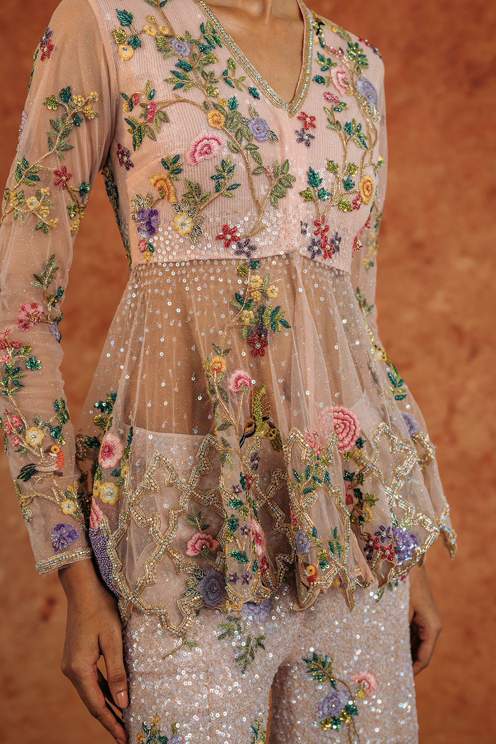 Birds Of Paradise Hand-Embroidered Kurta with Hand-Embroidered Sharara in Peach