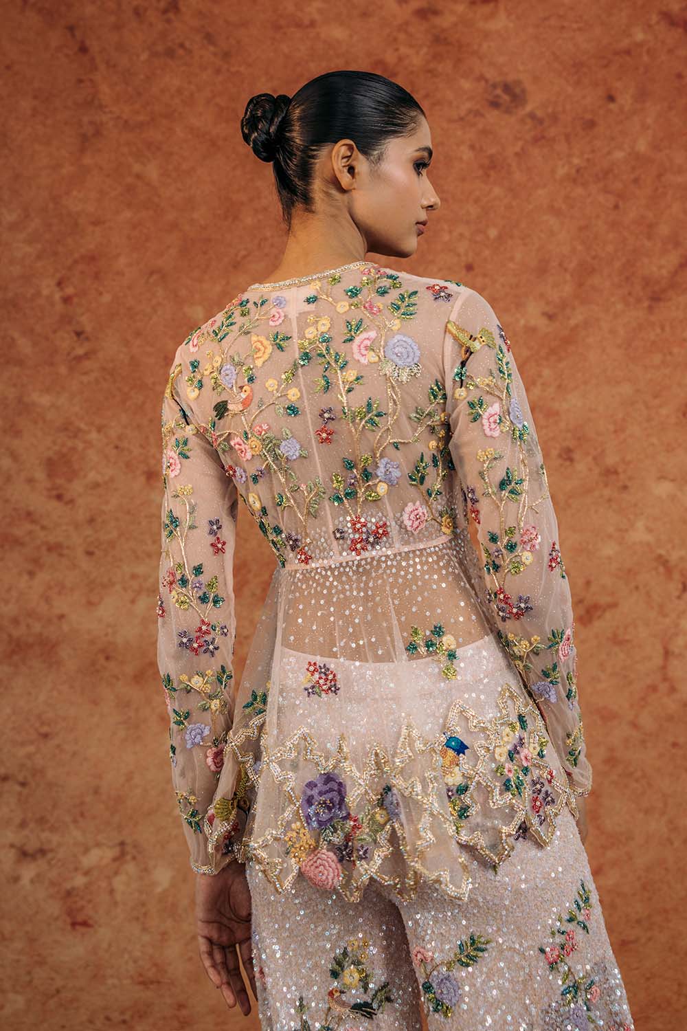 Birds Of Paradise Hand-Embroidered Kurta with Hand-Embroidered Sharara in Peach