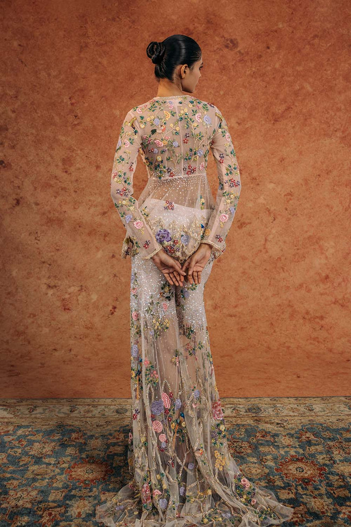 Birds Of Paradise Hand-Embroidered Kurta with Hand-Embroidered Sharara in Peach