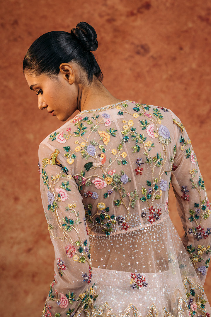 Birds Of Paradise Hand-Embroidered Kurta with Hand-Embroidered Sharara in Peach