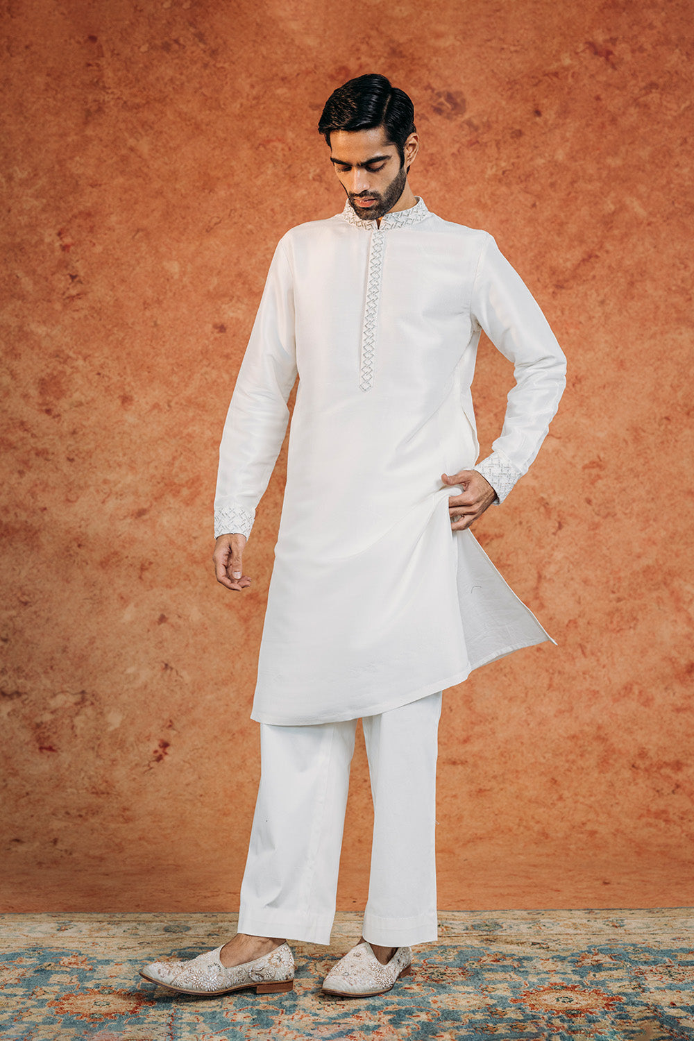 Lattice Silk Satin Kurta in Black