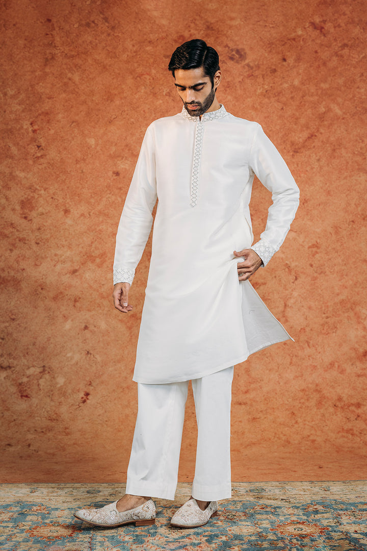 Lattice Silk Satin Kurta in Black