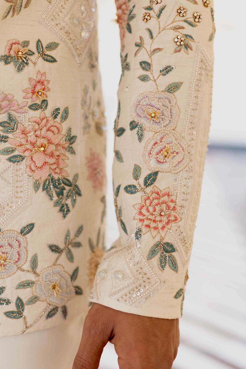 Chikankari Hand Embroidered Raw Silk Bandhgala