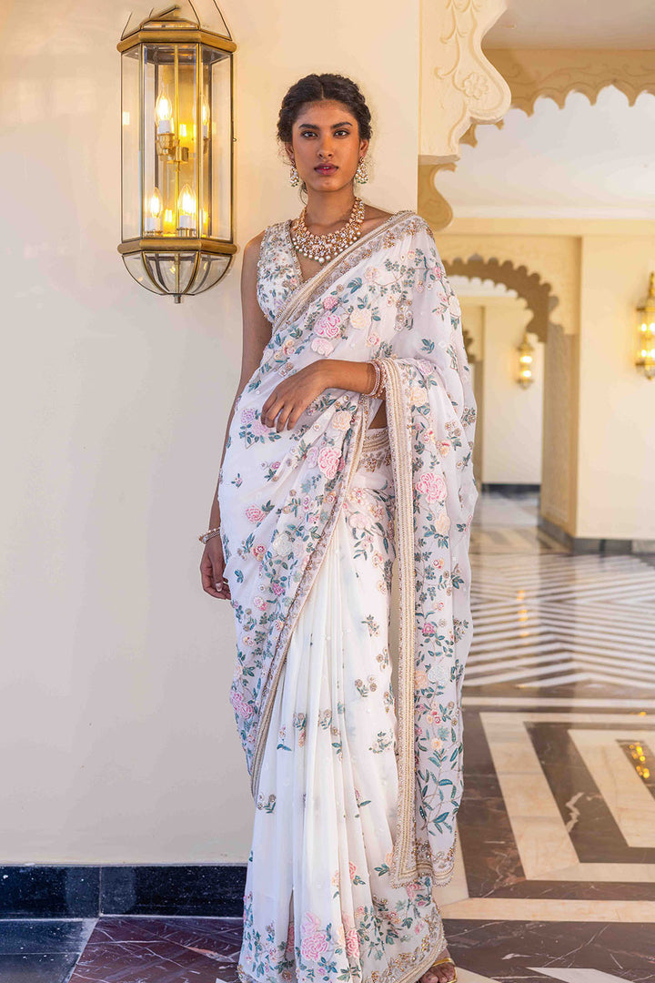 Chikankari Chinoiserie Hand Embroidered Heavy Silk Saree Set