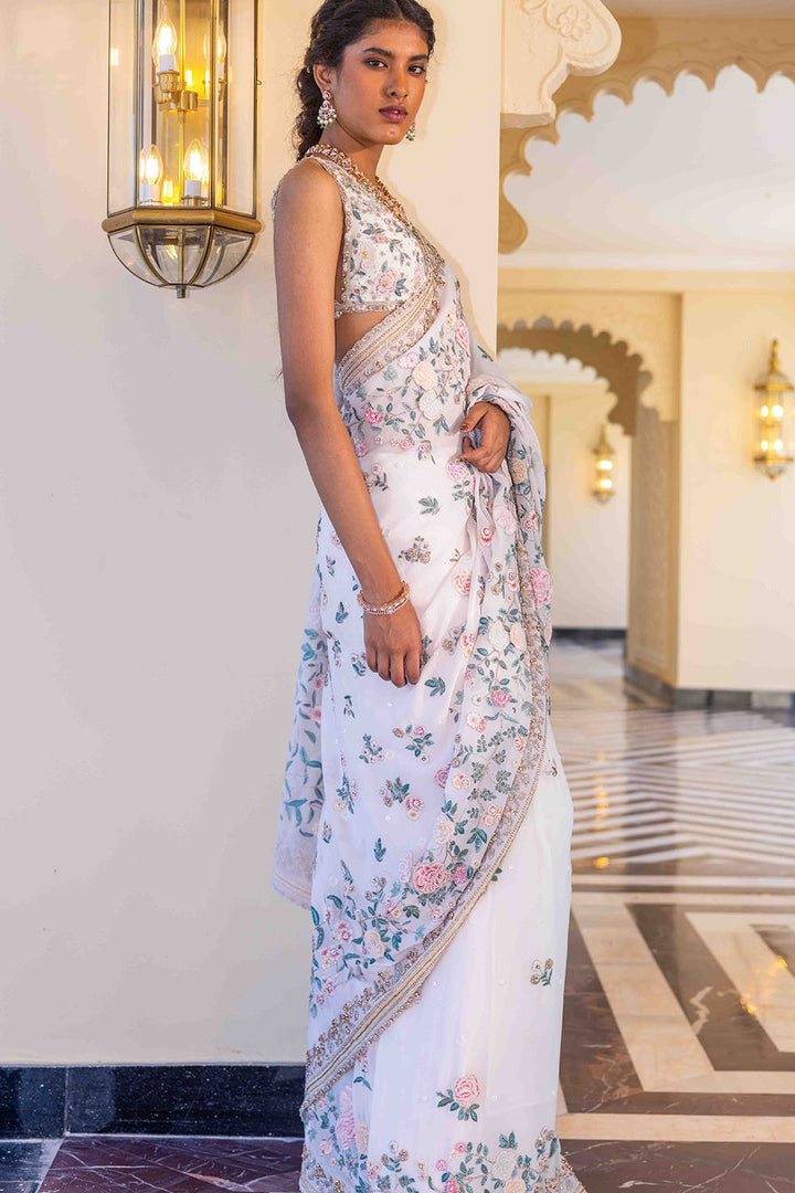 Chikankari Chinoiserie Hand Embroidered Heavy Silk Saree Set