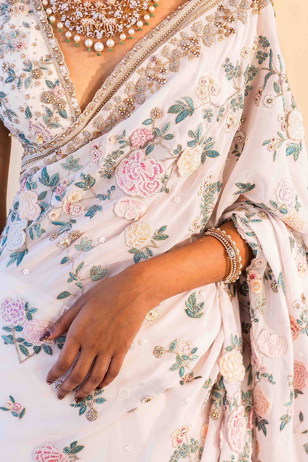 Chikankari Chinoiserie Hand Embroidered Heavy Silk Saree Set