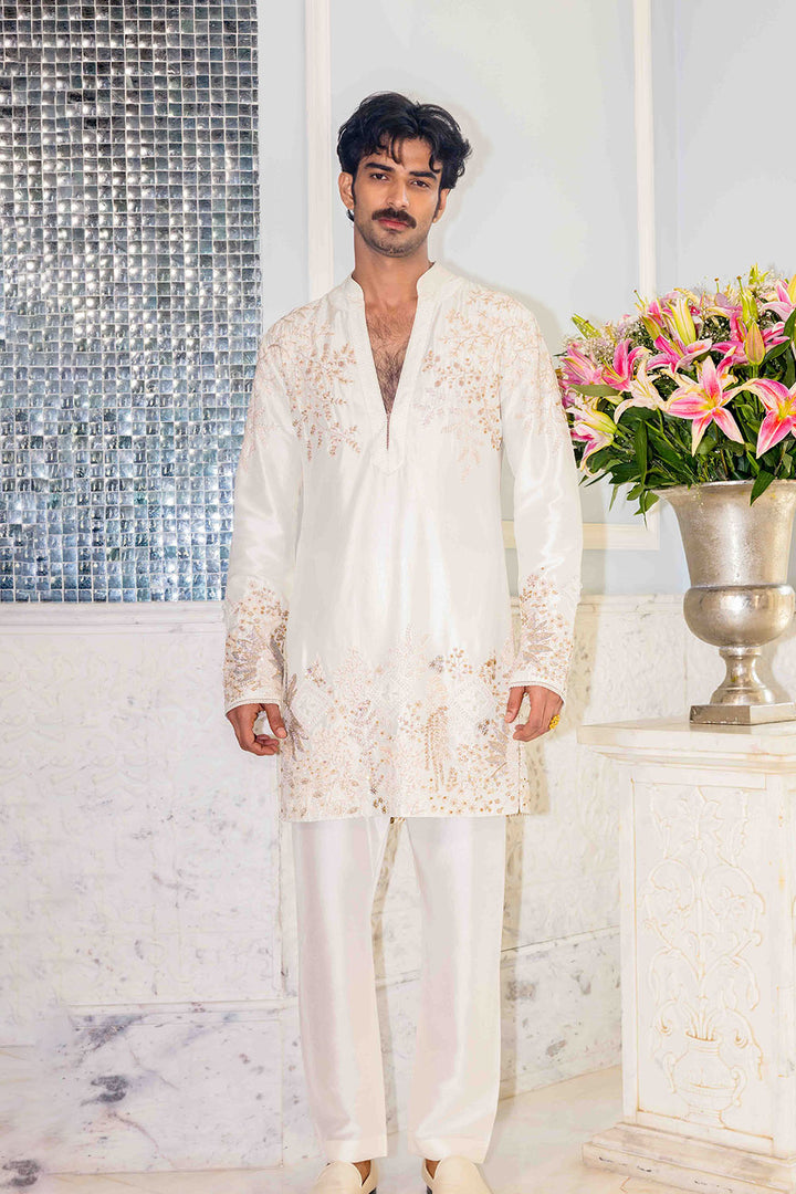 Chikankari Pichwai Hand Embroidered Silk Dupion Short Kurta