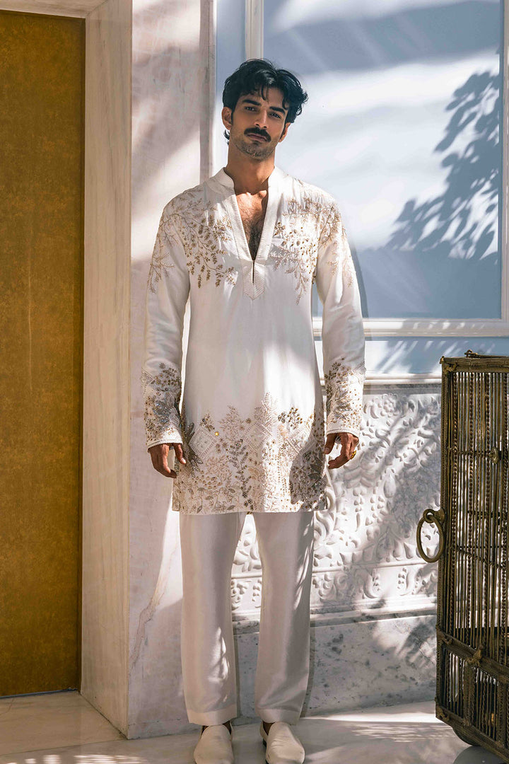 Chikankari Pichwai Hand Embroidered Silk Dupion Short Kurta