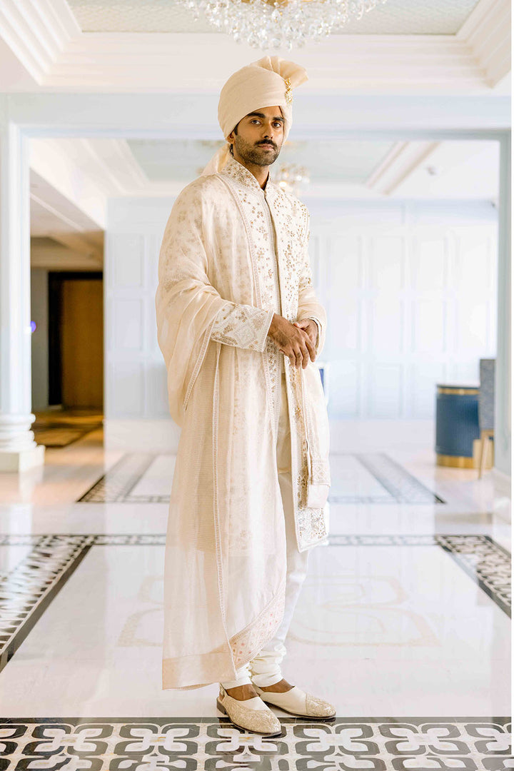 Chikankari Pichwai Hand Embroidered Raw Silk Sherwani