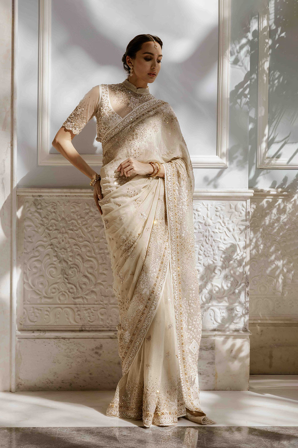 Chikankari Pichwai Hand Embroidered Silk Tissue Saree Set