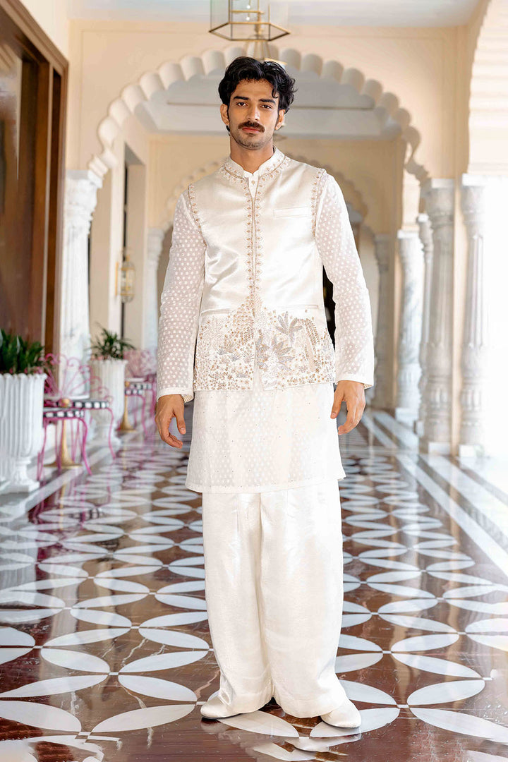 Chikankari Pichwai Hand Embroidered Linen Tissue Satin Bandi