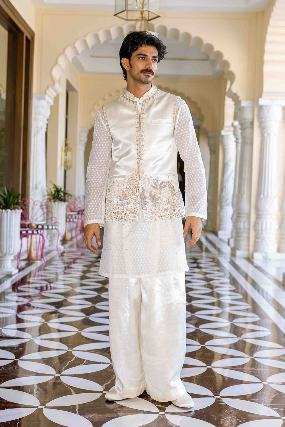 Chikankari Pichwai Hand Embroidered Linen Tissue Satin Bandi