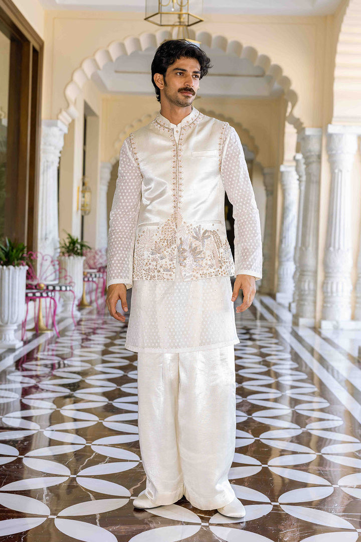 Chikankari Pichwai Hand Embroidered Linen Tissue Satin Bandi
