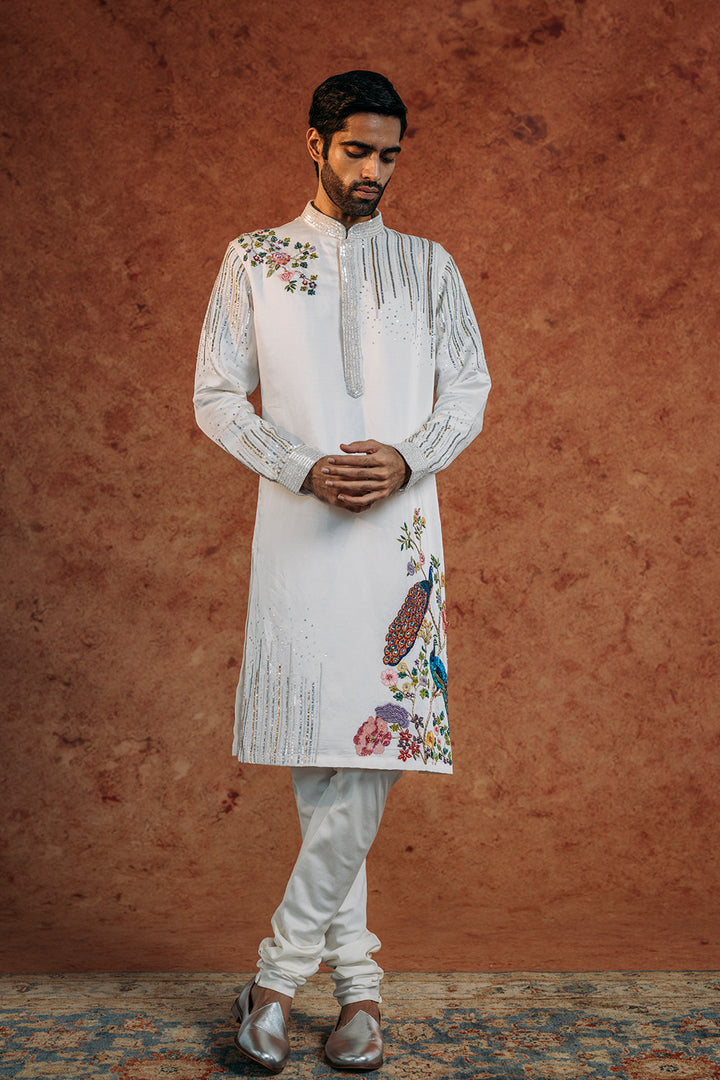 Birds Of Paradise Silk Satin Kurta in Ivory