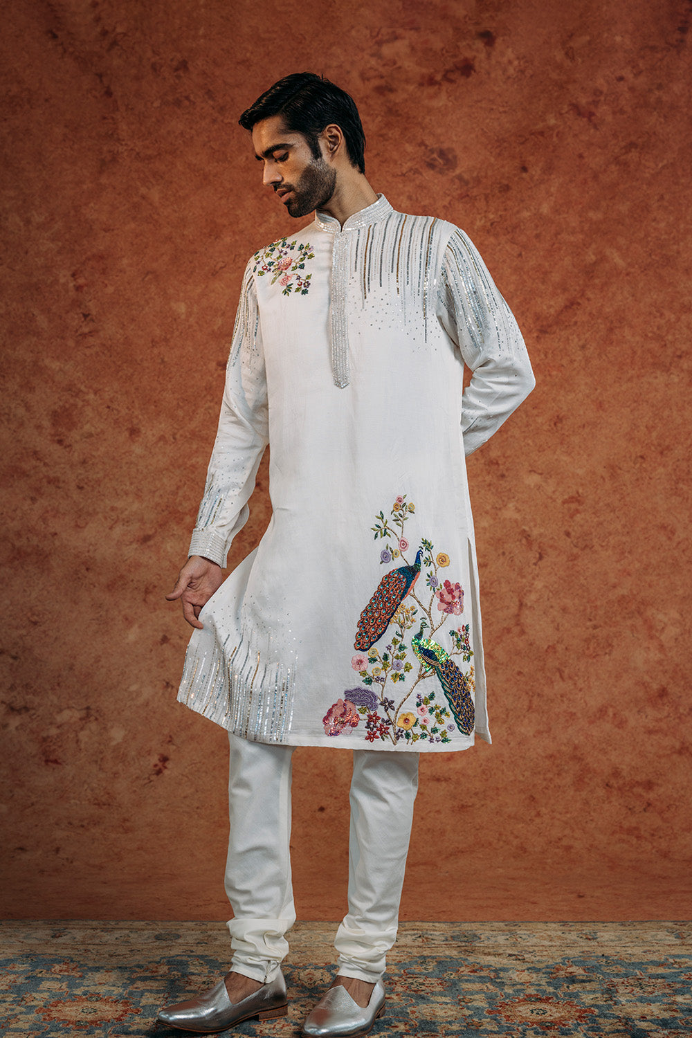 Birds Of Paradise Silk Satin Kurta in Ivory