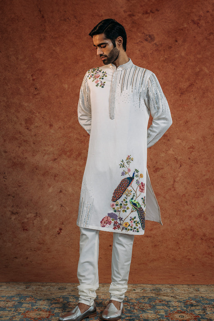 Birds Of Paradise Silk Satin Kurta in Ivory