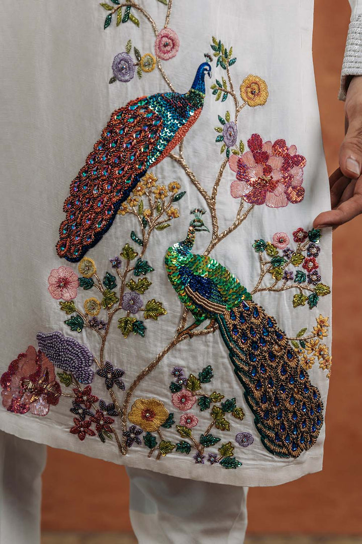 Birds Of Paradise Silk Satin Kurta in Ivory