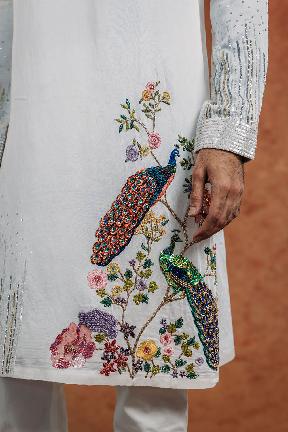 Birds Of Paradise Silk Satin Kurta in Ivory