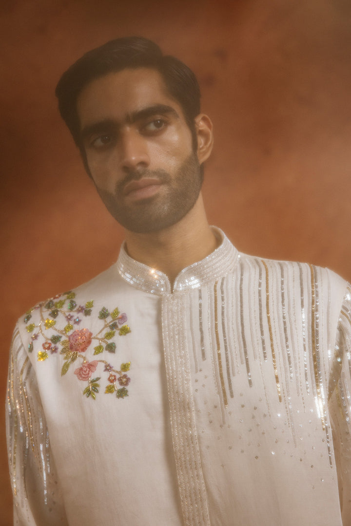Birds Of Paradise Silk Satin Kurta in Ivory