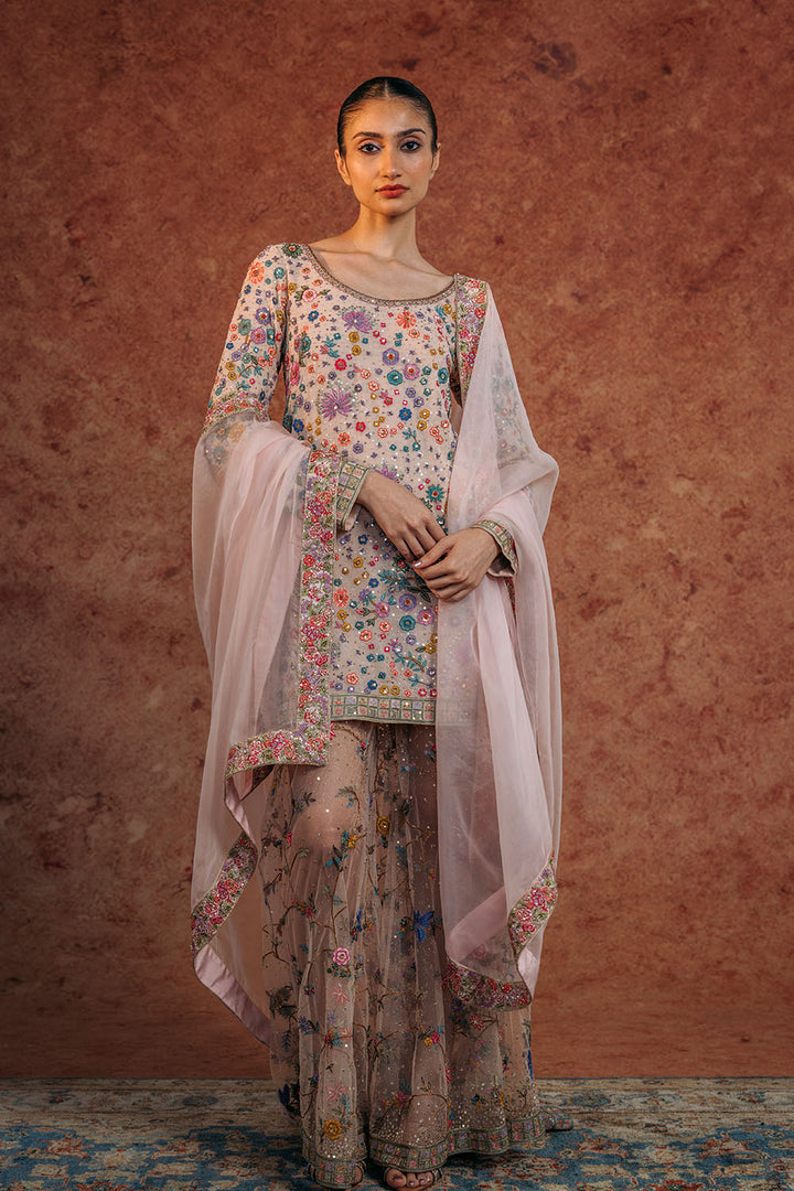 Haveli Silk Georgette Kurta, Hand-Embroidered Sharara &amp; Silk Organza Dupatta in Blush Pink and Peach