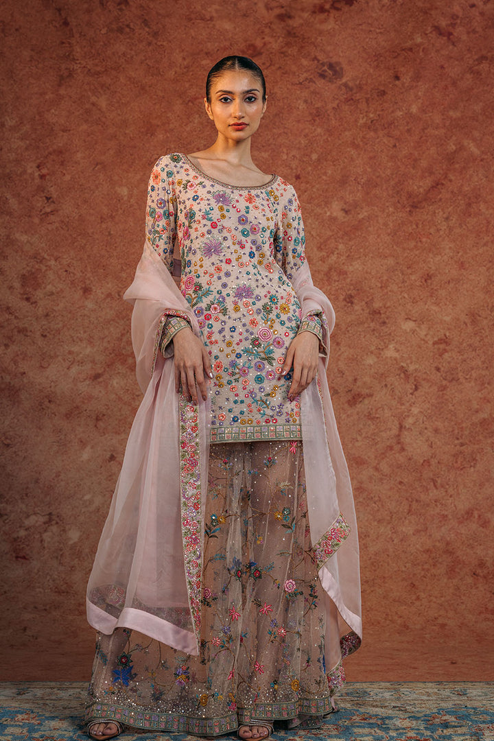Haveli Silk Georgette Kurta, Hand-Embroidered Sharara &amp; Silk Organza Dupatta in Blush Pink and Peach