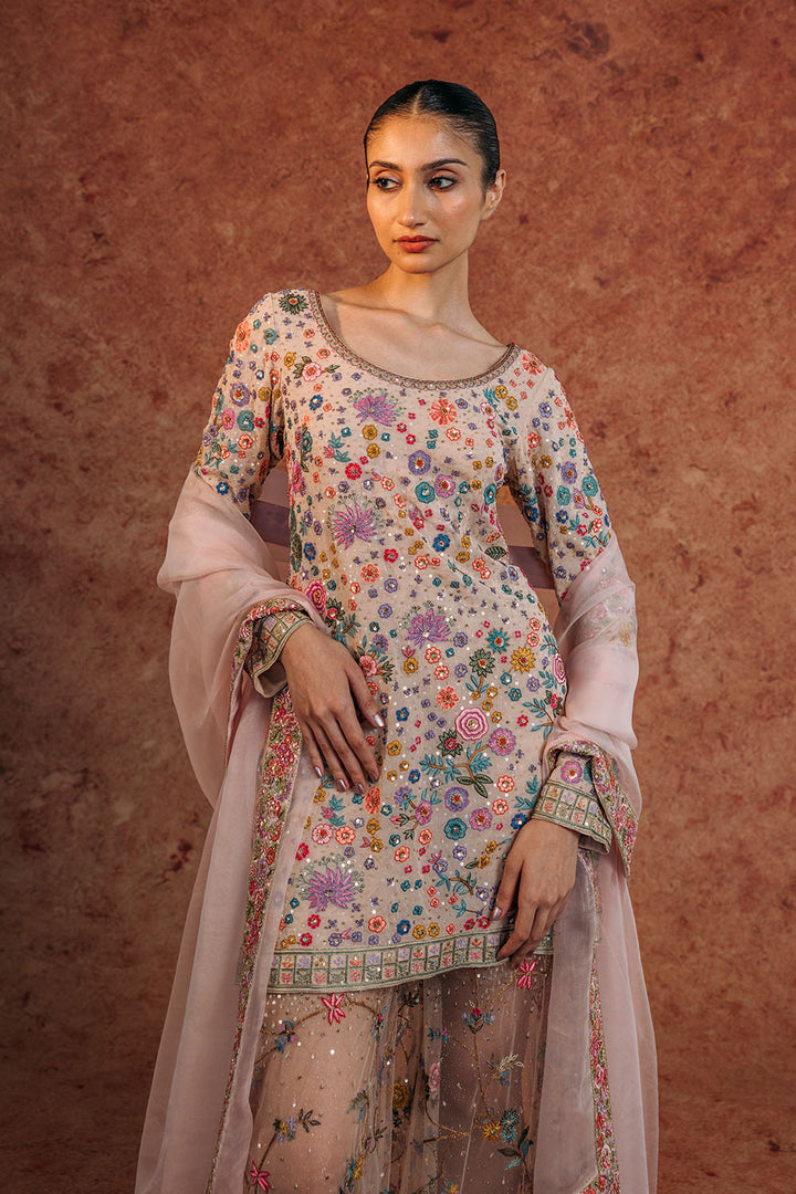 Haveli Silk Georgette Kurta, Hand-Embroidered Sharara &amp; Silk Organza Dupatta in Blush Pink and Peach