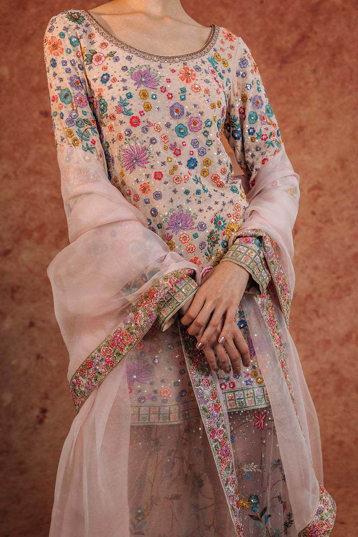 Haveli Silk Georgette Kurta, Hand-Embroidered Sharara &amp; Silk Organza Dupatta in Blush Pink and Peach