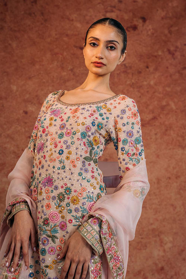 Haveli Silk Georgette Kurta, Hand-Embroidered Sharara &amp; Silk Organza Dupatta in Blush Pink and Peach