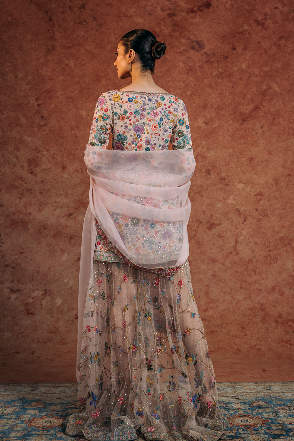 Haveli Silk Georgette Kurta, Hand-Embroidered Sharara &amp; Silk Organza Dupatta in Blush Pink and Peach