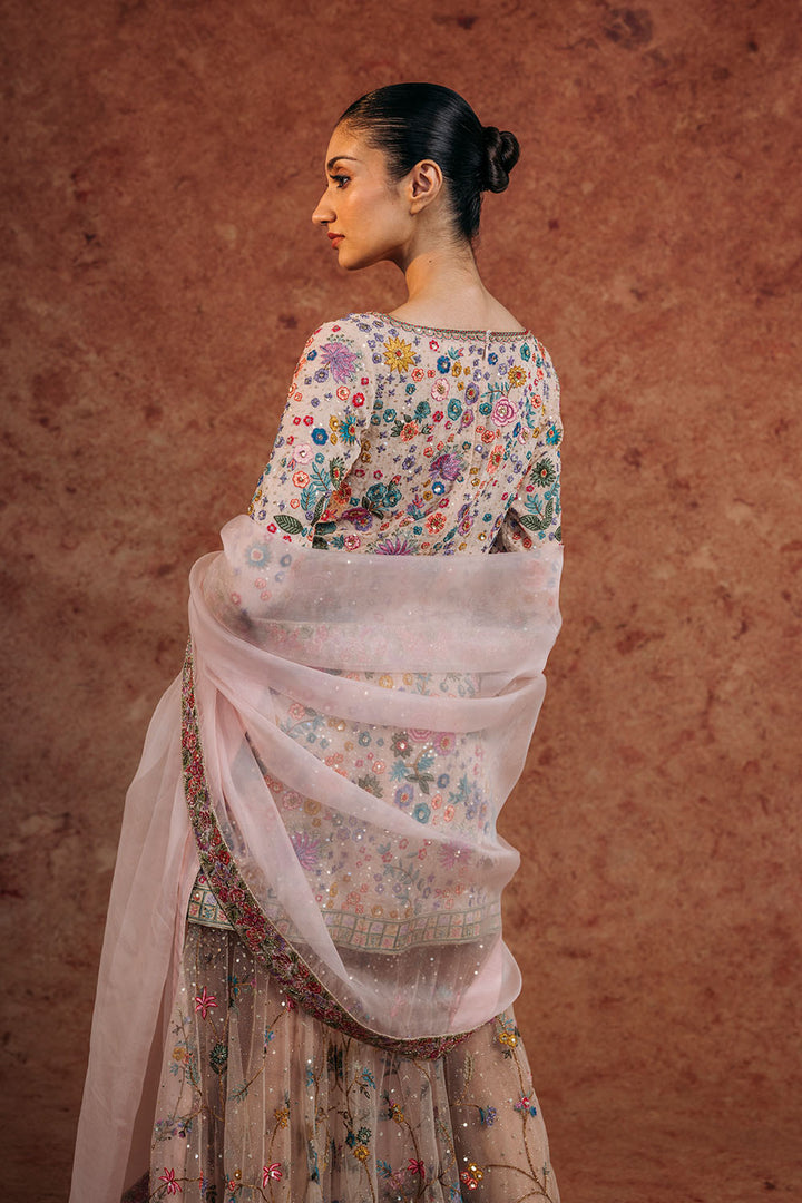 Haveli Silk Georgette Kurta, Hand-Embroidered Sharara &amp; Silk Organza Dupatta in Blush Pink and Peach