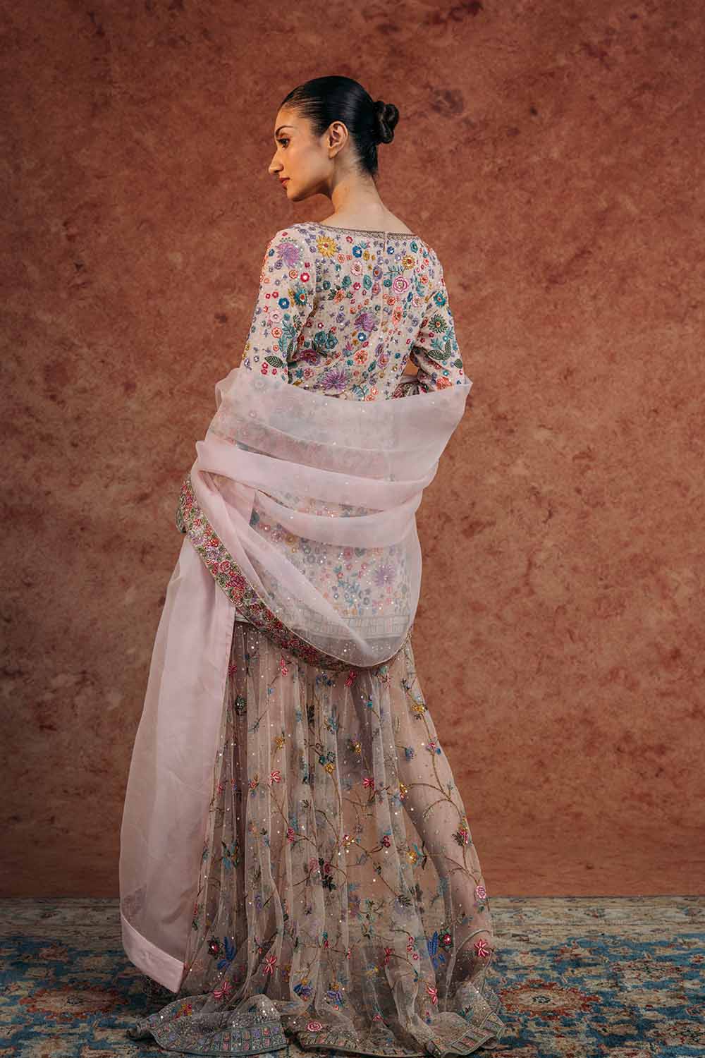 Haveli Silk Georgette Kurta, Hand-Embroidered Sharara &amp; Silk Organza Dupatta in Blush Pink and Peach
