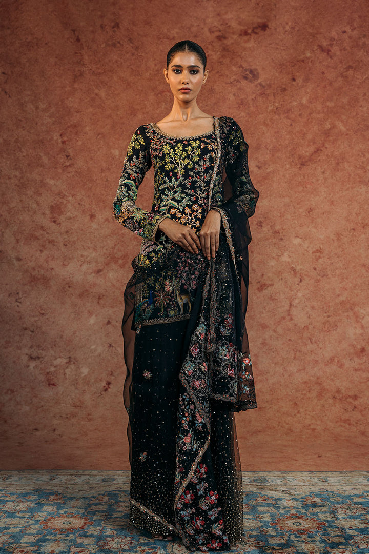 Jharokha Hand-Embroidered Kurta, Tree Of Life Sharara &amp; Chintz Silk Organza Dupatta in Black