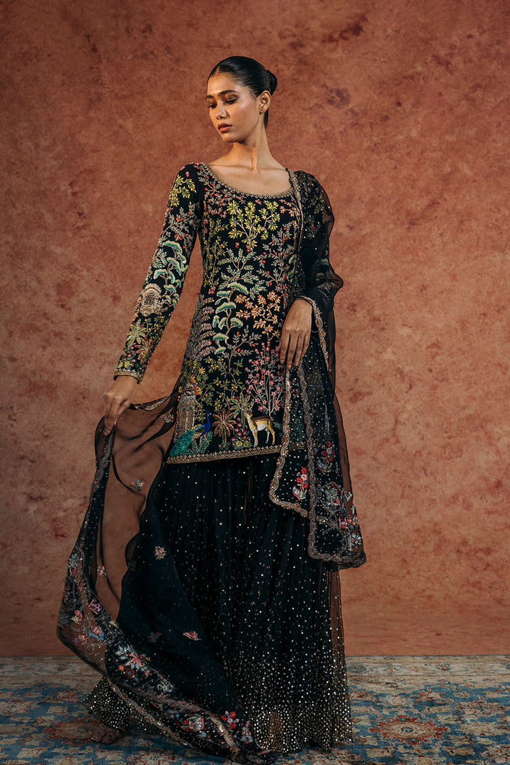 Jharokha Hand-Embroidered Kurta, Tree Of Life Sharara &amp; Chintz Silk Organza Dupatta in Black
