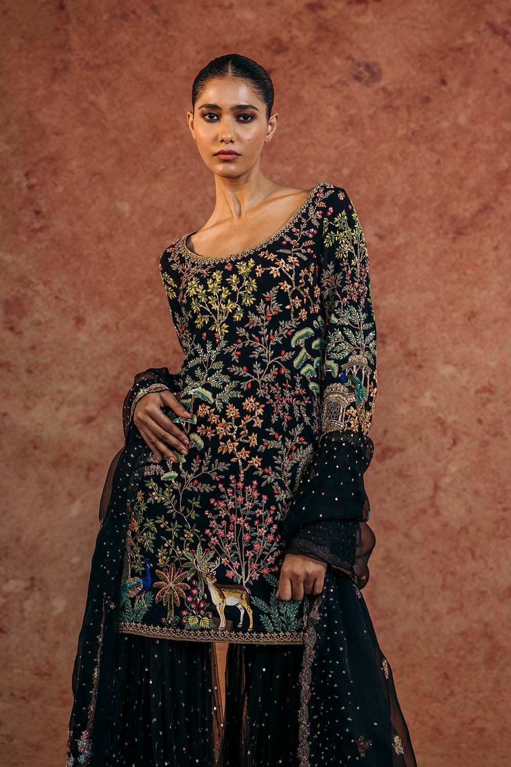 Jharokha Hand-Embroidered Kurta, Tree Of Life Sharara &amp; Chintz Silk Organza Dupatta in Black