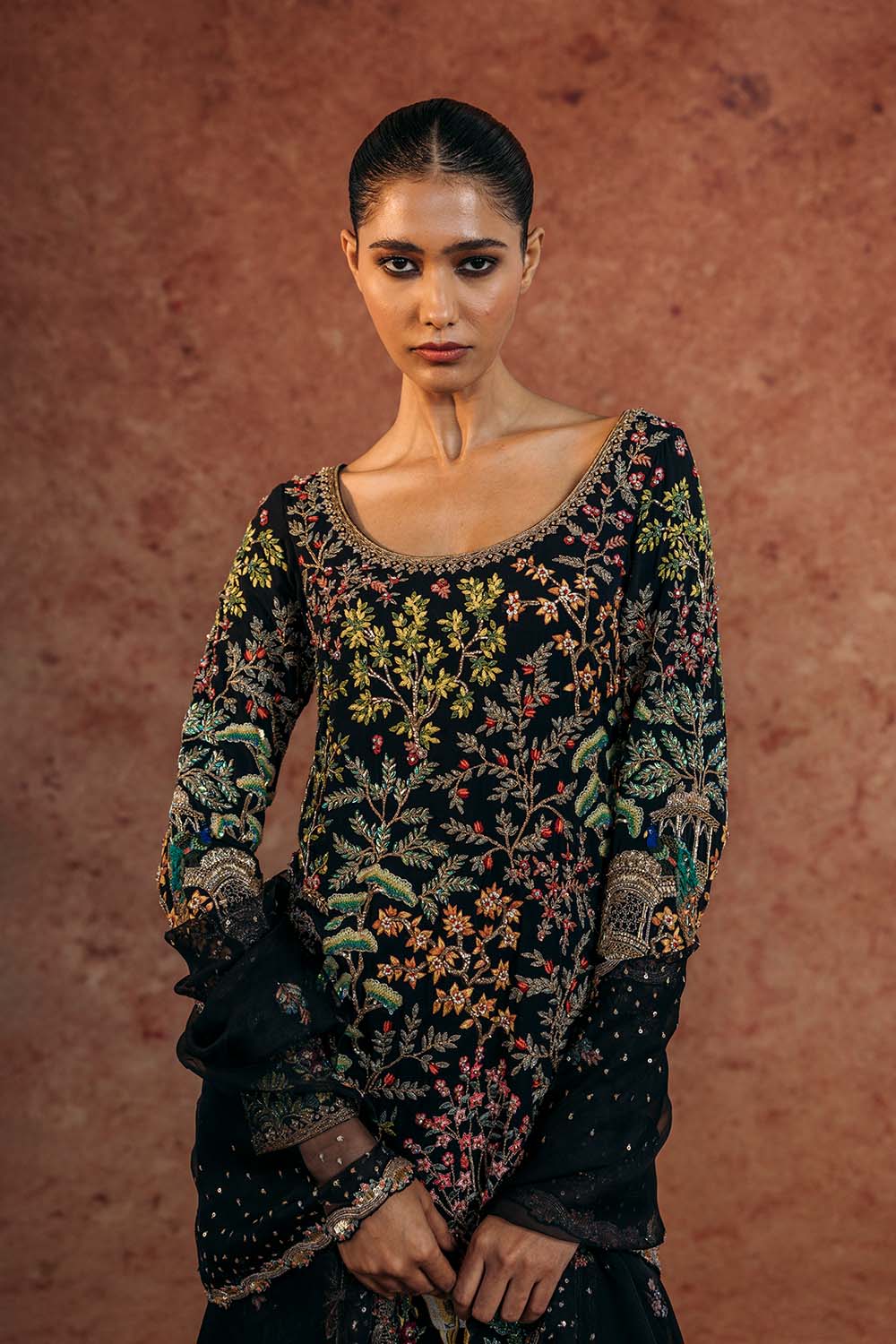 Jharokha Hand-Embroidered Kurta, Tree Of Life Sharara &amp; Chintz Silk Organza Dupatta in Black