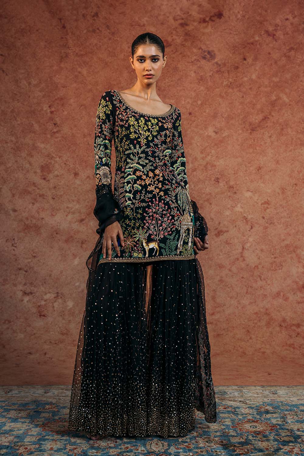Jharokha Hand-Embroidered Kurta, Tree Of Life Sharara &amp; Chintz Silk Organza Dupatta in Black