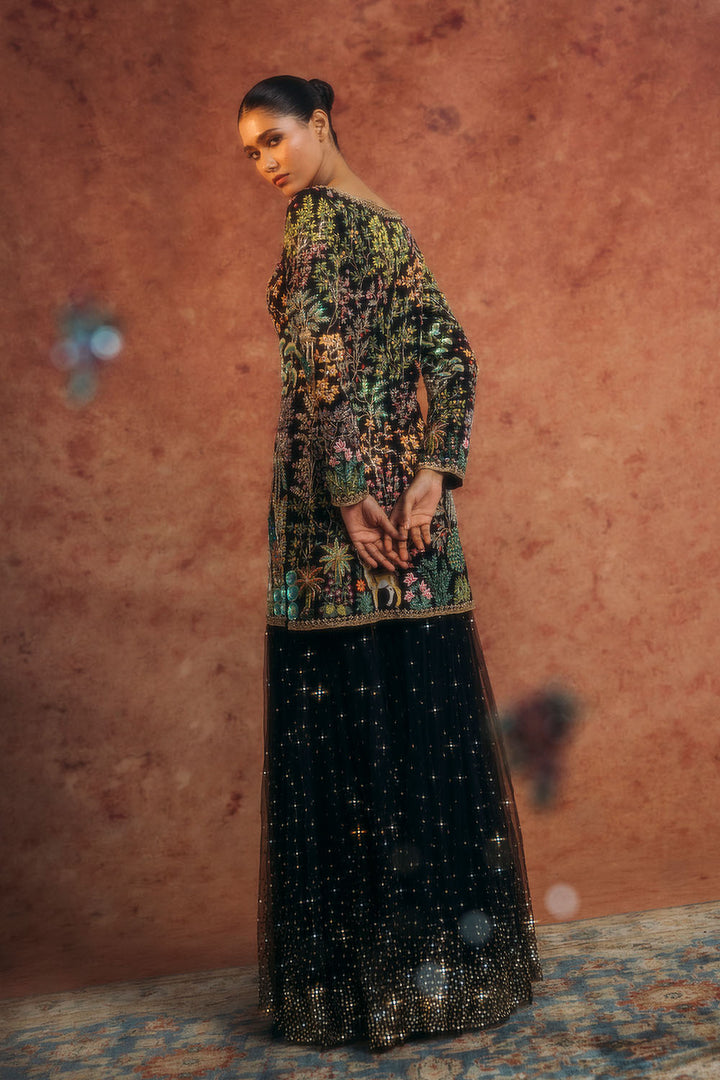 Jharokha Hand-Embroidered Kurta, Tree Of Life Sharara &amp; Chintz Silk Organza Dupatta in Black
