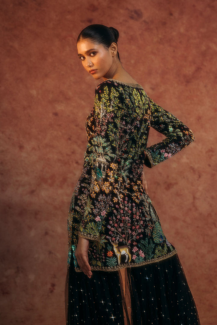 Jharokha Hand-Embroidered Kurta, Tree Of Life Sharara &amp; Chintz Silk Organza Dupatta in Black