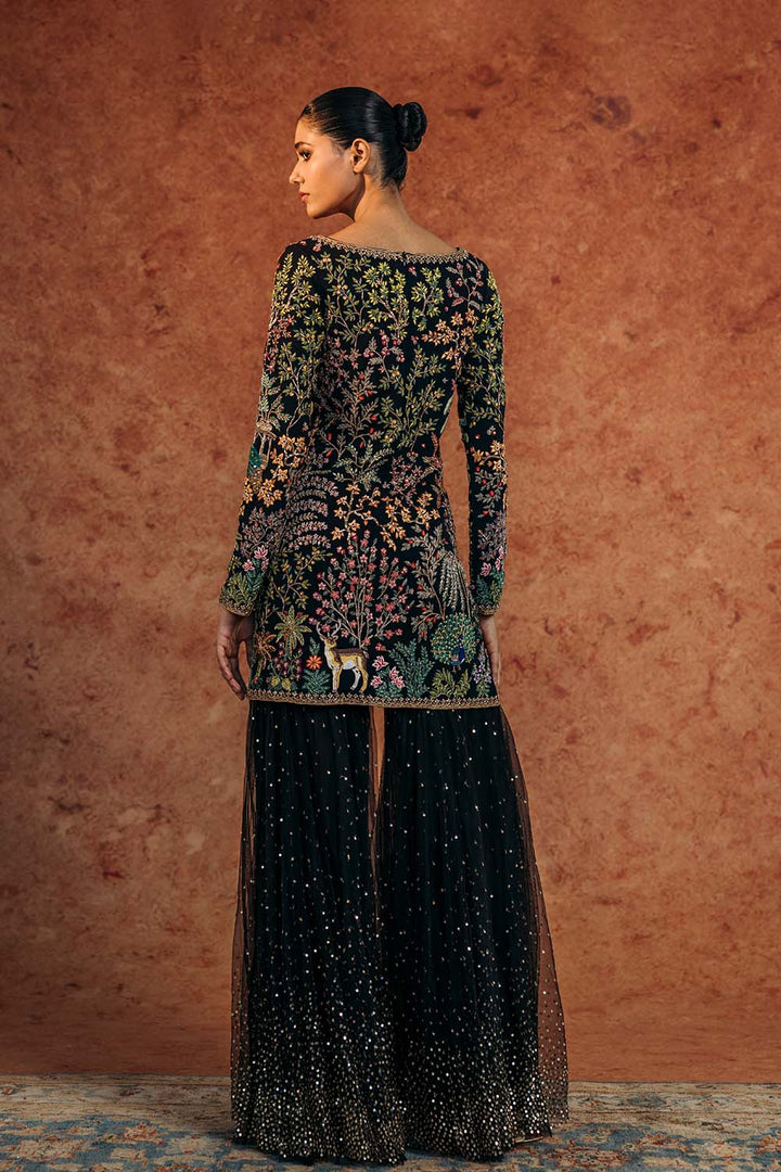 Jharokha Hand-Embroidered Kurta, Tree Of Life Sharara &amp; Chintz Silk Organza Dupatta in Black