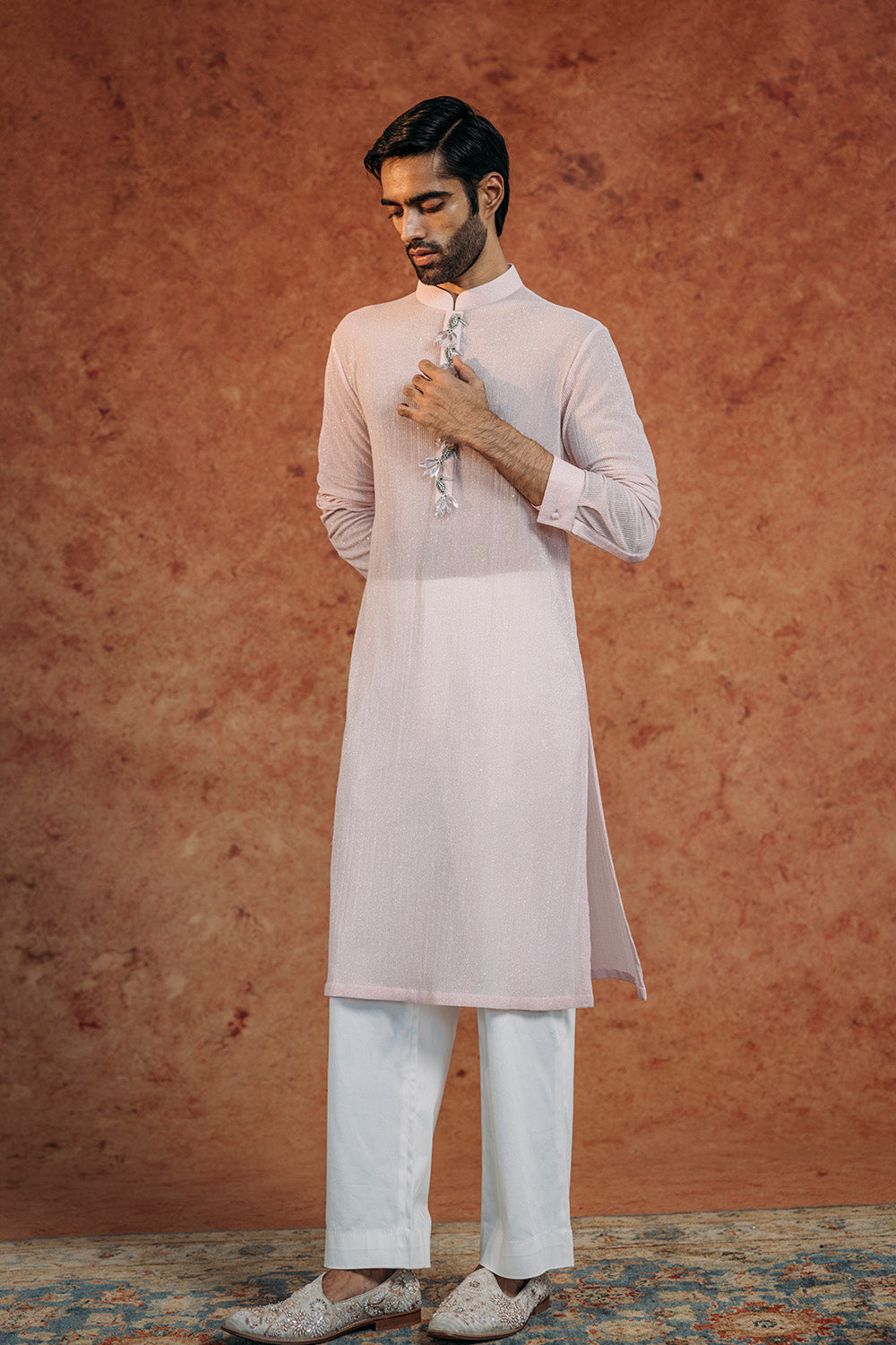 Toucan Bird Hand-Embroidered Kurta in Powder Blue