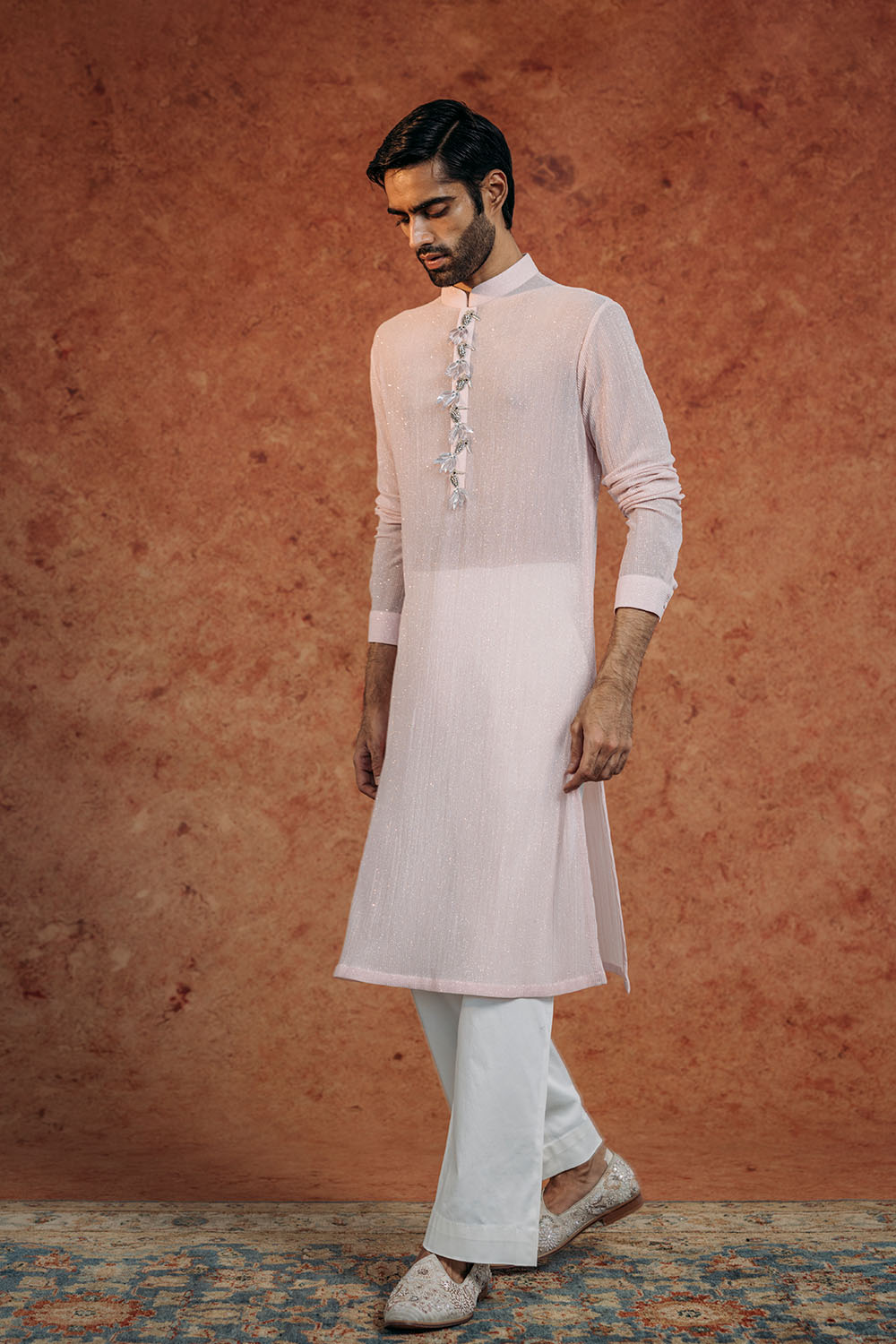 Toucan Bird Hand-Embroidered Kurta in Powder Blue