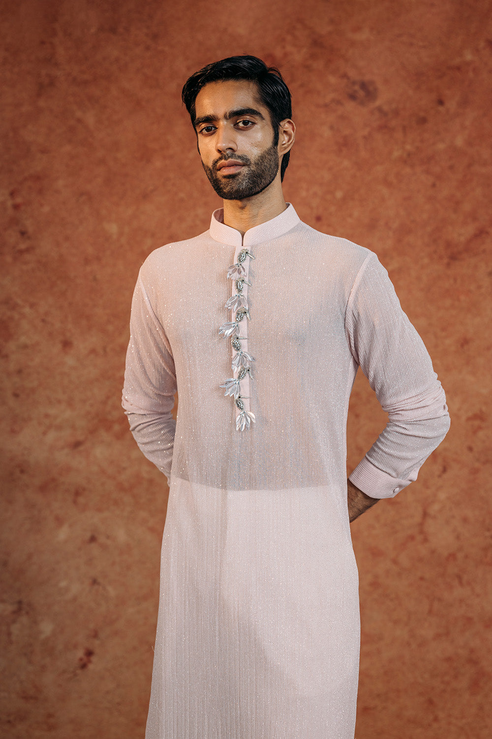 Toucan Bird Hand-Embroidered Kurta in Powder Blue