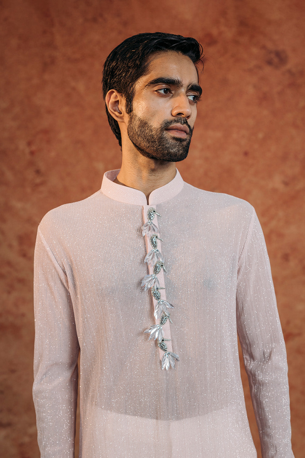 Toucan Bird Hand-Embroidered Kurta in Powder Blue