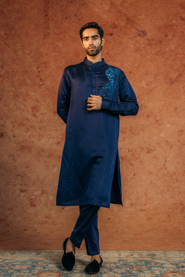 Sundarbans Silk Satin Kurta in Navy